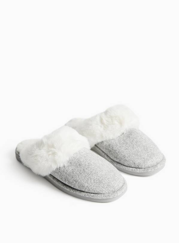 Grey Marl Fur Trim Mule Slippers L